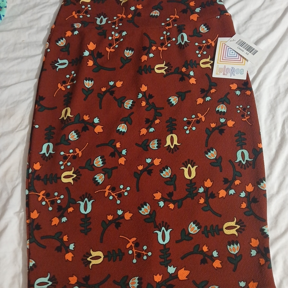 LuLaRoe Women's Floral Pencil Skirt - Rich Brown and Teal